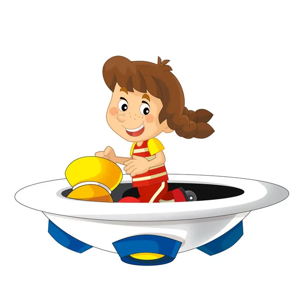 Criança Dos Desenhos Animados Uma Nave Espacial Divertida Brinquedos Parque — Fotografia de Stock