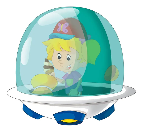 stock image Cartoon kid on a toy funfair space ship or star ship amusement park or playground isolated illustration for children