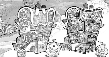 Kozmos Galaktik Uzaylı UFO 'sunun komik renkli karikatür sahnesi çocuklar için izole edilmiş