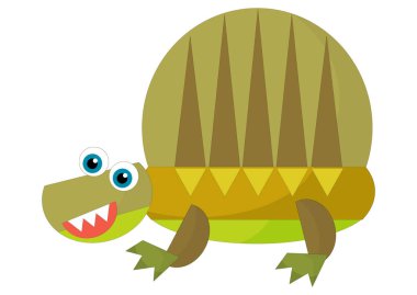 Çizgi film mutlu ve komik renkli tarih öncesi dinozor dinazoru çocuklar için izole edilmiş arkadaşça gülümseme sergiliyor.