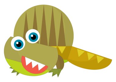 Çizgi film mutlu ve komik renkli tarih öncesi dinozor dinazoru çocuklar için izole edilmiş arkadaşça gülümseme sergiliyor.