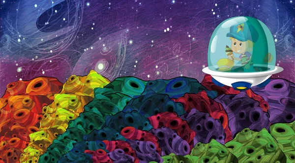 Dibujos Animados Divertido Colorido Escena Cosmos Galáctica Alienígena Ufo Aislado — Foto de Stock