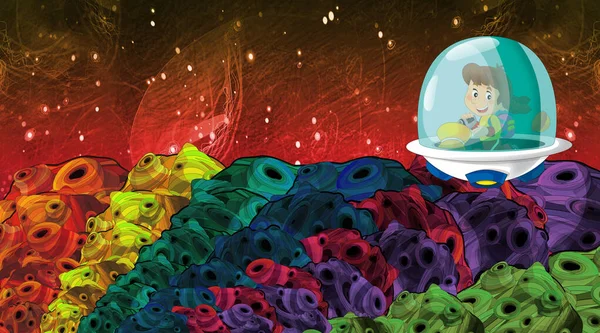 Kozmos Galaktik Uzaylı Ufo Sunun Komik Renkli Karikatür Sahnesi Çocuklar — Stok fotoğraf