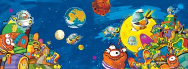 Kozmos Galaktik Uzaylı UFO 'sunun komik renkli karikatür sahnesi çocuklar için izole edilmiş