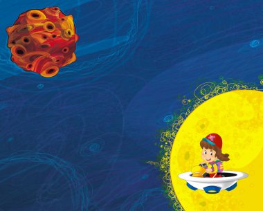 Kozmos Galaktik Uzaylı UFO 'sunun komik renkli karikatür sahnesi çocuklar için izole edilmiş