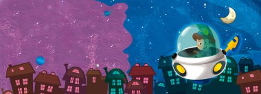 Kozmos Galaktik Uzaylı UFO 'sunun komik renkli karikatür sahnesi çocuklar için izole edilmiş