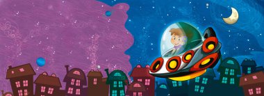 Kozmos Galaktik Uzaylı UFO 'sunun komik renkli karikatür sahnesi çocuklar için izole edilmiş