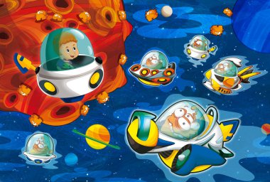 Kozmos Galaktik Uzaylı UFO 'sunun komik renkli karikatür sahnesi çocuklar için izole edilmiş