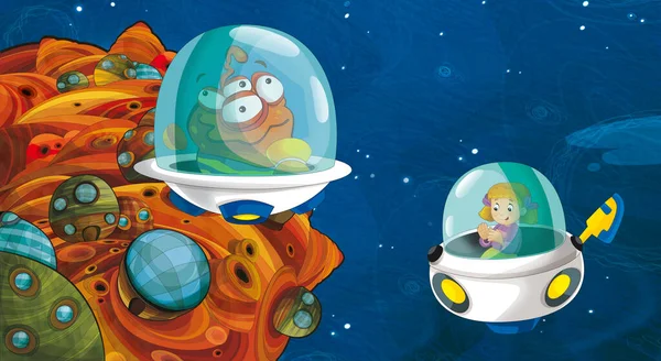 宇宙银河外星人的卡通片有趣多彩的场景 为孩子们提供了一个孤立的图解 — 图库照片