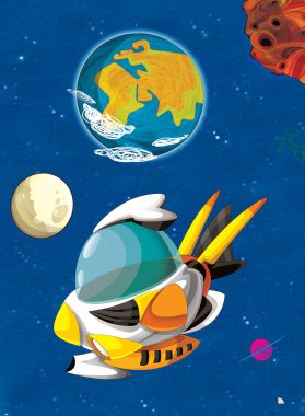 Kozmos Galaktik Uzaylı UFO 'sunun komik renkli karikatür sahnesi çocuklar için izole edilmiş