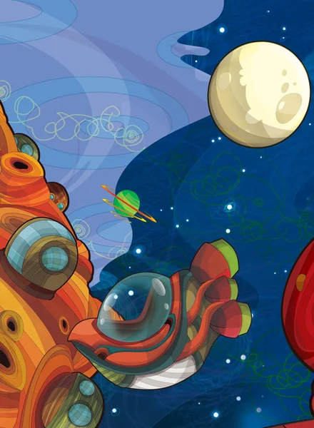 Tecknad Rolig Färgglad Scen Kosmos Galaktisk Främmande Ufo Isolerad Illustration — Stockfoto