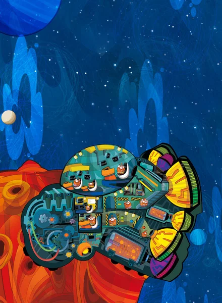 Tecknad Rolig Färgstark Scen Kosmos Galaktisk Främmande Ufo Rymdfarkoster Plan — Stockfoto