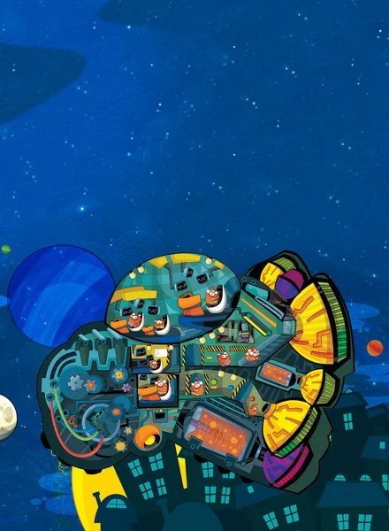 Kozmos Galaktik Uzaylı Ufo Uzay Aracının Komik Karikatür Sahnesi Çocuklar — Stok fotoğraf