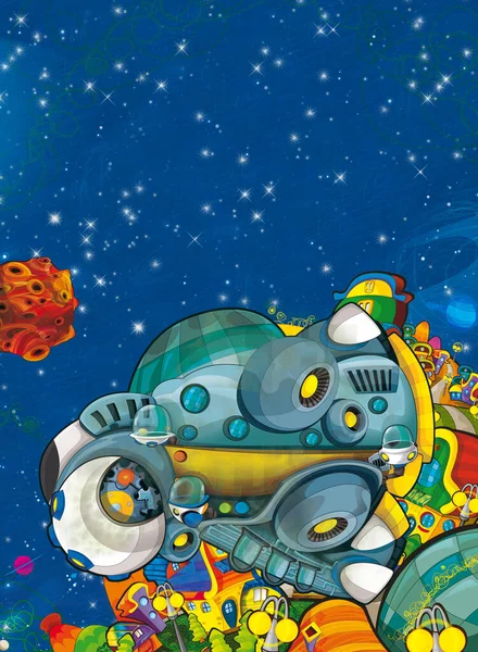 Cartoon Grappige Kleurrijke Scène Van Kosmos Galactische Alien Ufo Ruimtevaartuig — Stockfoto