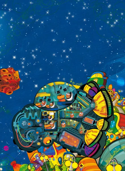 Tecknad Rolig Färgstark Scen Kosmos Galaktisk Främmande Ufo Rymdfarkoster Plan — Stockfoto