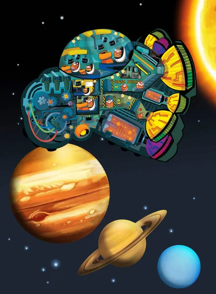 Γελοιογραφία Αστεία Πολύχρωμη Σκηνή Του Σύμπαντος Γαλαξιακή Αλλοδαπός Ufo Διαστημόπλοιο — Φωτογραφία Αρχείου