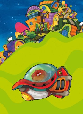 Kozmos galaktik uzaylı UFO uzay gemisinin renkli karikatür sahnesi çocuklar için izole edilmiş.