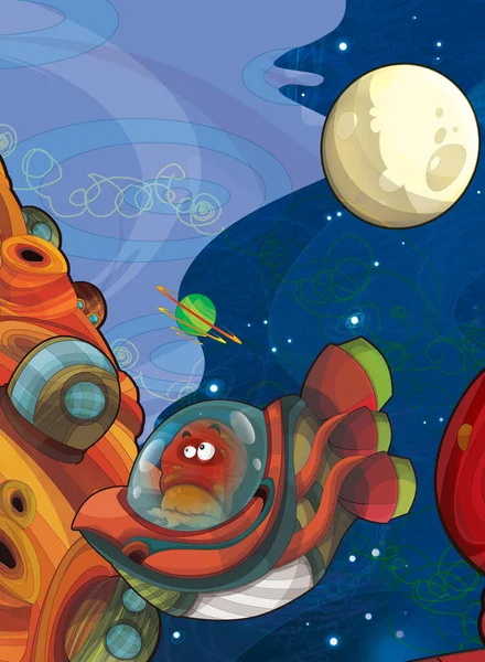 Dibujos Animados Divertida Escena Colorida Cosmos Nave Espacial Extraterrestre Alienígena —  Fotos de Stock