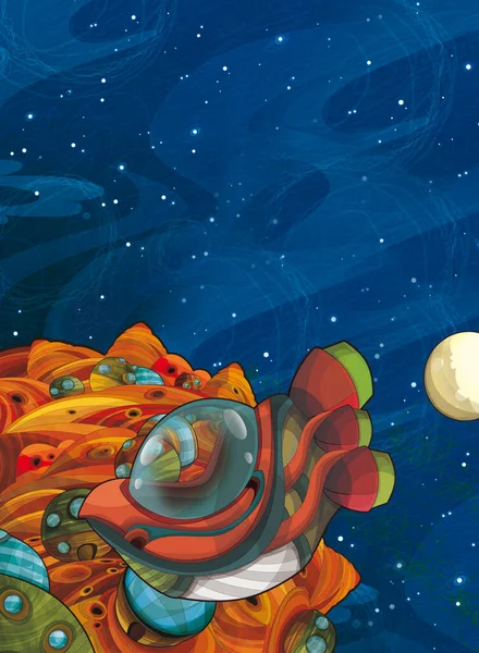 Sarjakuva Hauska Värikäs Kohtaus Kosmoksen Galaktinen Ulkomaalainen Ufo Avaruusalus Eristetty — kuvapankkivalokuva