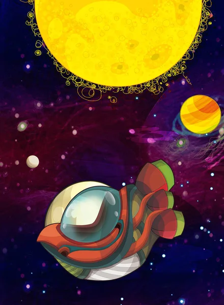 Cartoon Grappige Kleurrijke Scène Van Kosmos Galactische Alien Ufo Ruimteschip — Stockfoto