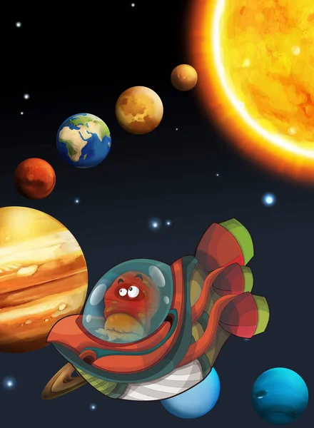 Γελοιογραφία Αστεία Πολύχρωμη Σκηνή Του Σύμπαντος Γαλαξιακό Αλλοδαπός Ufo Διαστημόπλοιο — Φωτογραφία Αρχείου