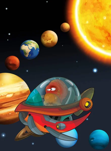 Dibujos Animados Divertida Escena Colorida Cosmos Nave Espacial Extraterrestre Alienígena — Foto de Stock