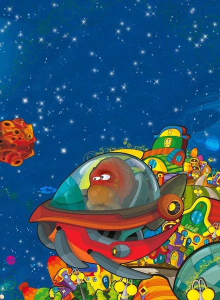 Tecknad Rolig Färgglad Scen Kosmos Galaktisk Främmande Ufo Rymdskepp Isolerad — Stockfoto