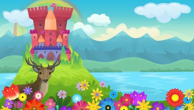 Çocuklar için geyik resimli Kindgom kaleli masallar için parlak bir çizgi film sahnesi.