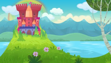 Çocuklar için kindgom şatosu resimli peri masalları için parlak bir çizgi film sahnesi