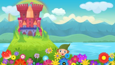 Çocuklar için kindgom şatosu resimli peri masalları için parlak bir çizgi film sahnesi