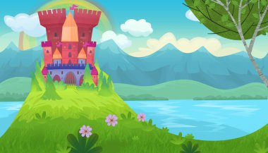 Çocuklar için kindgom şatosu resimli peri masalları için parlak bir çizgi film sahnesi