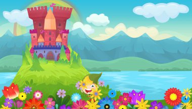 Çocuklar için kindgom şatosu resimli peri masalları için parlak bir çizgi film sahnesi