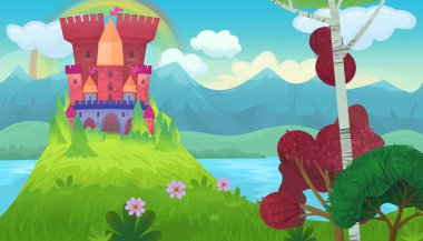 Çocuklar için kindgom şatosu resimli peri masalları için parlak bir çizgi film sahnesi