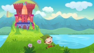 Çocuklar için kindgom şatosu resimli peri masalları için parlak bir çizgi film sahnesi