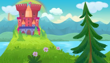 Çocuklar için kindgom şatosu resimli peri masalları için parlak bir çizgi film sahnesi