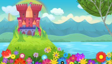 Çocuklar için kindgom şatosu resimli peri masalları için parlak bir çizgi film sahnesi