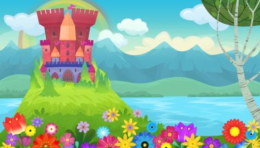 Çocuklar için kindgom şatosu resimli peri masalları için parlak bir çizgi film sahnesi