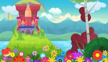 Çocuklar için kindgom şatosu resimli peri masalları için parlak bir çizgi film sahnesi