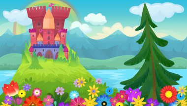 Çocuklar için kindgom şatosu resimli peri masalları için parlak bir çizgi film sahnesi