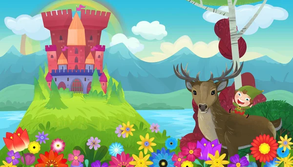 Cartoon bright scene for fairy tales with kindgom castle with deer illustration for kids
