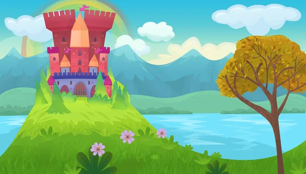 Cartoon bright scene for fairy tales with kindgom castle illustration for kids