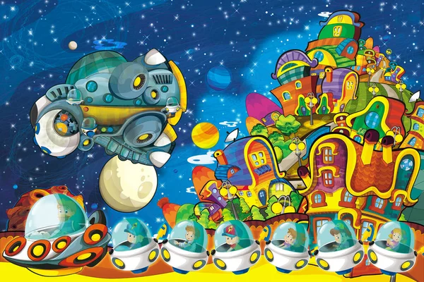 Cartoon Lustig Bunte Szene Des Kosmos Galaktische Außerirdische Ufo Raumschiff — Stockfoto