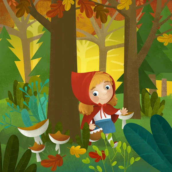 子供のための野生の森のイラストで若い少女プリンセスとの漫画のシーン — ストック写真