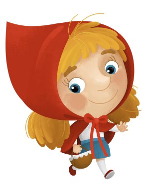 Genç kızın eğlendiği ve piknik sepeti yolculuğuyla gülümsediği karikatür sahnesi çocuklar için izole edilmiş.