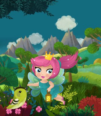 çizgi film mutlu masal sahnesi doğa ormanı ve çocuklar için komik elf çizimi