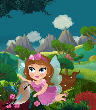 çizgi film mutlu masal sahnesi doğa ormanı ve çocuklar için komik elf çizimi