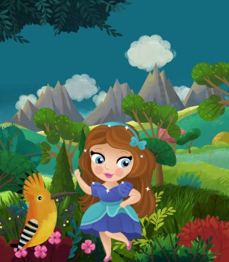 çizgi film mutlu masal sahnesi doğa ormanı ve çocuklar için komik elf çizimi