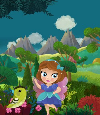 çizgi film mutlu masal sahnesi doğa ormanı ve çocuklar için komik elf çizimi