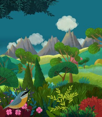 çizgi film mutlu masal sahnesi doğa ormanı ve çocuklar için komik elf çizimi