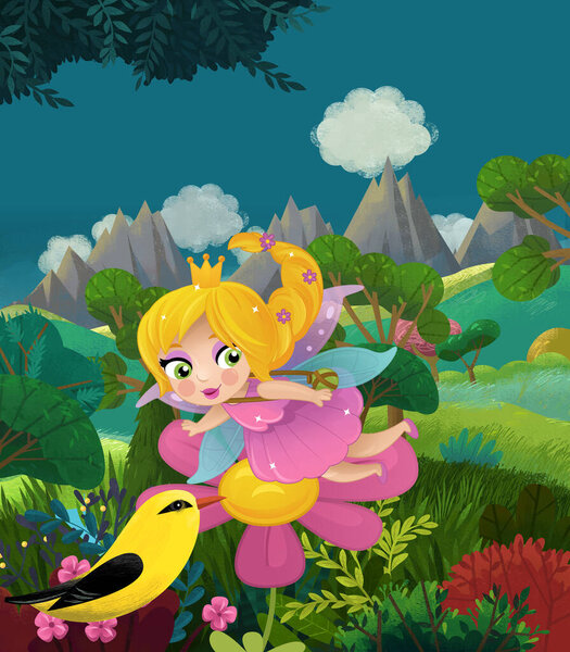 cartoon happy fairy tale scene with nature forest and funny elf illustration for children